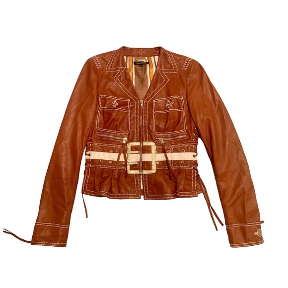Roberto Cavalli Jackets & Blazers - Roberto Cavalli Leather Jacket Moto in Brown with Gold accents Size 6-8